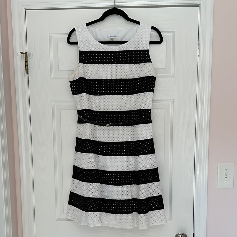 Calvin Klein Black and White Striped Sleeveless Sheath Dress